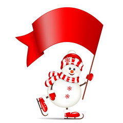 Snowman with santa hat holding red banner, isolated on white background.
