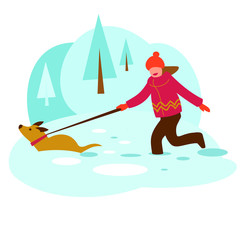 A teenage girl walks her dog in the winter forest. Vector graphics, part 2.