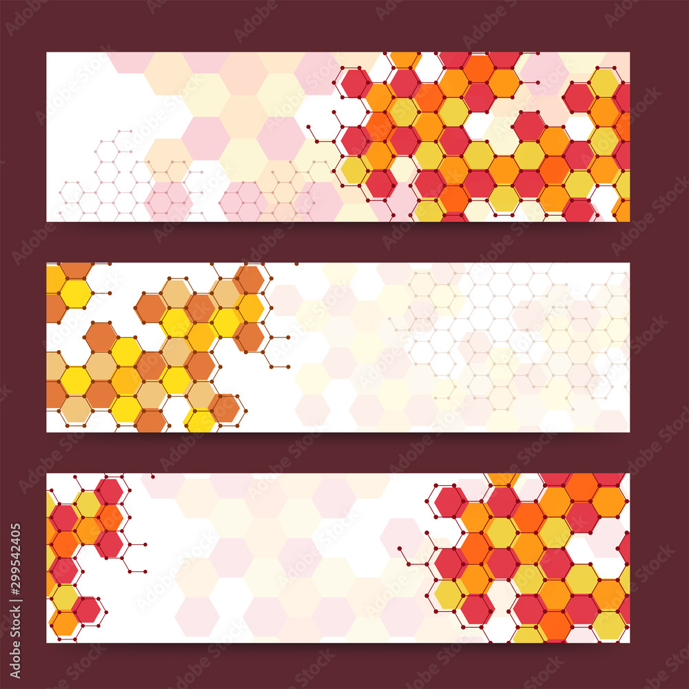 Poster colorful banners or headers with various hexagonal shapes. vector banners ready for your text or des
