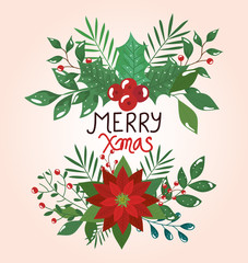 merry christmas poster with flower and leafs decorative design