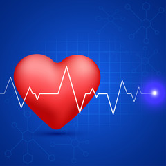 Red heart with heartbeat pulse, Medical background.