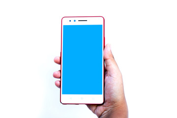 Hand grip smartphone white background texture