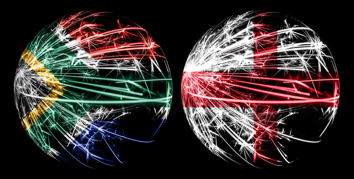 English vs South Africa, African sparkling mystic flags placed side by side. Thick colored silky sparkle flag of England and South Africa, African. - Powered by Adobe