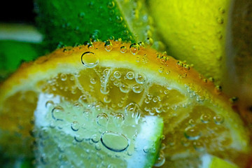 Slices of lemon, lime and orange in carbonated water