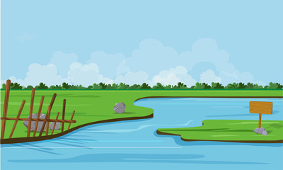 Obraz na płótnie Canvas Nature landscape with river and green field.