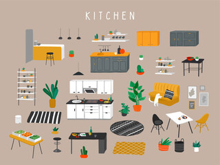 Set for kitchen or dining room with stylish comfy furniture and modern home decorations in trendy Scandinavian or hygge style. Cozy Interior furnished home plants. Flat cartoon vector