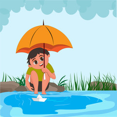 Obraz na płótnie Canvas Little boy with paper boat for Monsoon Season.