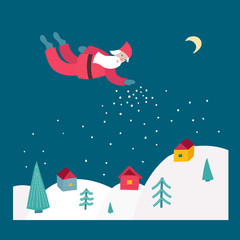 Fototapeta na wymiar Merry Christmas tree flying Santa Night