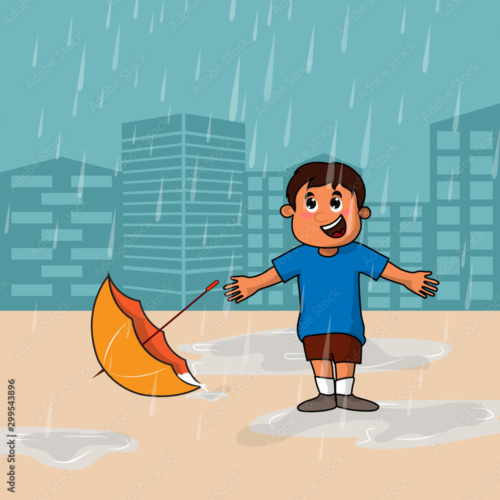 Canvas Prints Little boy in rains for Monsoon Season concept.