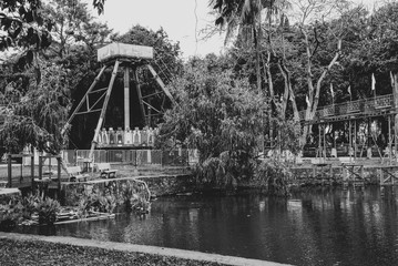 Black and white picture of an abandoned and decaying amusement park in Da Nang, Vietnam	