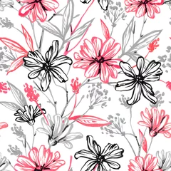 Tuinposter Illustration of graphic flowers and leaves. Handmade. Seamless pattern for wallpaper and fabric design. © Anna