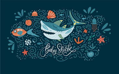 Cartoon Vector Shark Illustration. Baby shark cute design with sea animal fishes and hand drawn lettering quote.