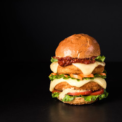 fresh tasty burger on a black background. Copy space