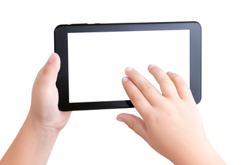 Top view closeup on the hands of a white child holding a black tablet PC with a white blank screen...