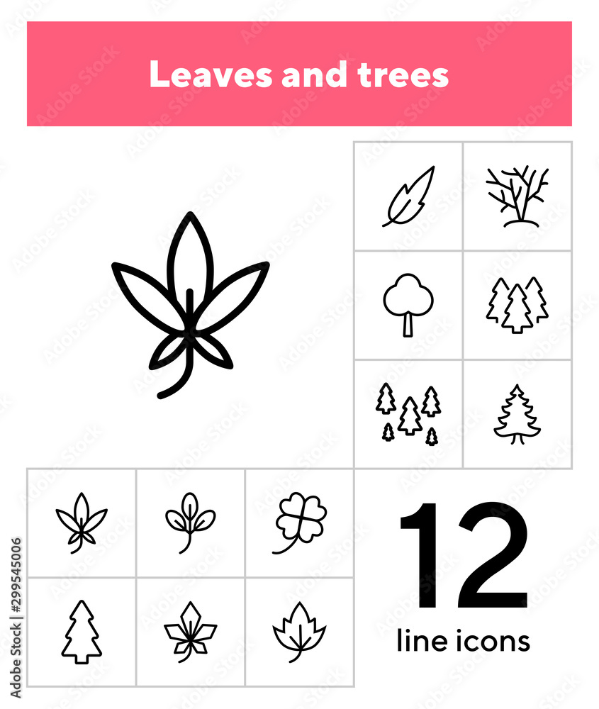 Poster leaves and trees line icon set. set of line icons on white background. nature concept. leaf, tree, f