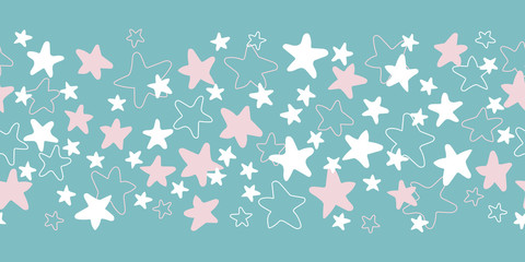 Vector seamless border pattern with white and pink stars on turquoise background. Fun ditsy star print, constellations and twinkle lights.