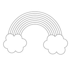Fototapeta premium Cartoon linear doodle rainbow and clouds isolated on white background. Vector illustration. 