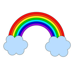 Cartoon linear doodle rainbow and clouds isolated on white background. Vector illustration.   