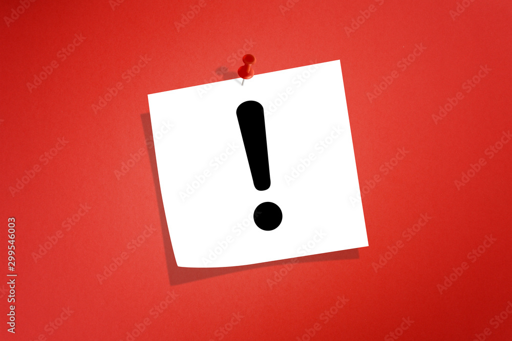Poster note paper with exclamation mark on red background