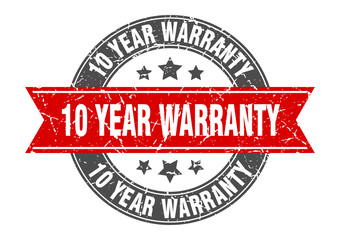 10 year warranty round stamp with red ribbon. 10 year warranty