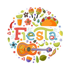 Cinco de mayo vector flat cartoon card. Ornate festive Mexican floral illustration with guitar, taco, sombrero hat and lettering text quote - Fiesta.