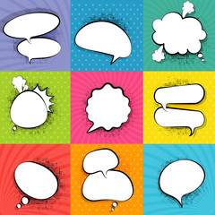 Blank empty white speech bubbles on retro colorful background.