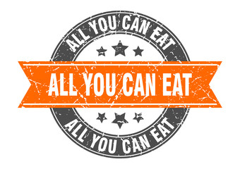 all you can eat round stamp with orange ribbon. all you can eat