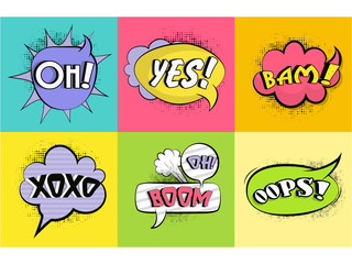 Colorful comic speech bubbles with text.