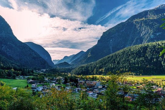 Panoramic view of Oetz village situated in the austrian Oetztal valley