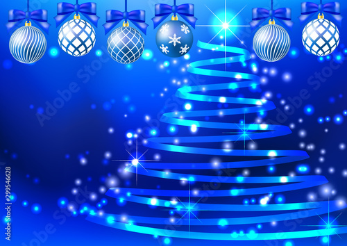 青色背景に輝くキラキラ光と虹色リボンのクリスマスツリーとオーナメント Background Wall Mural Backgrou Rrice