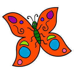 Cartoon doodle butterfly isolated on white background. Vector illustration. 