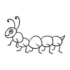 Cartoon linear doodle retro happy caterpillar isolated on white background. Vector illustration.      