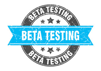 beta testing round stamp with turquoise ribbon. beta testing