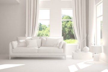 Mock up of stylish room in white color with sofa. Scandinavian interior design. 3D illustration