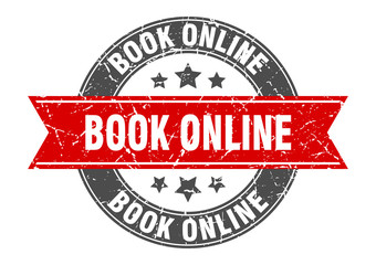 book online round stamp with red ribbon. book online
