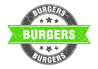 burgers round stamp with green ribbon. burgers