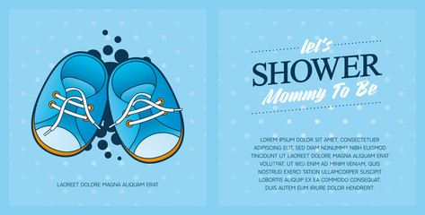 Vector template baby shower invitation card with little cartoon baby shoes. Blue background and sample text.