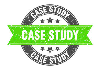 case study round stamp with green ribbon. case study