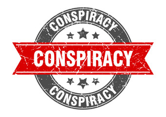 conspiracy round stamp with red ribbon. conspiracy