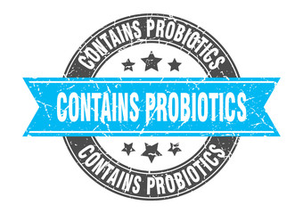 contains probiotics round stamp with turquoise ribbon. contains probiotics
