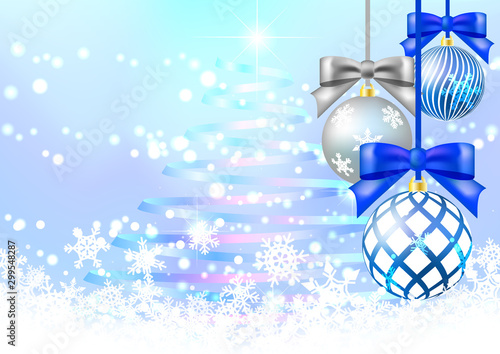 青色背景に輝くキラキラ光と虹色リボンのクリスマスツリーとオーナメント Background Wall Mural Backgrou Rrice