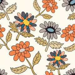 Seamless pattern with colorful fantasy doodle cartoon flowers, floral wrapping paper, background. Vector illustration.  