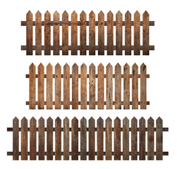 A collection of brown wooden fence isolated on a white background that separates the objects. There are Clipping Paths for the designs and decoration