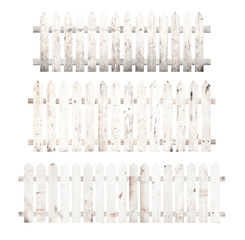 A collection of white wooden fence isolated on a white background that separates the objects. There are Clipping Paths for the designs and decoration
