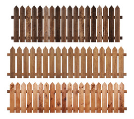 A collection of brown wooden fence isolated on a white background that separates the objects. There...
