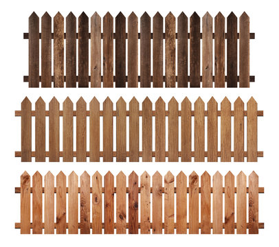 A collection of brown wooden fence isolated on a white background that separates the objects. There are Clipping Paths for the designs and decoration