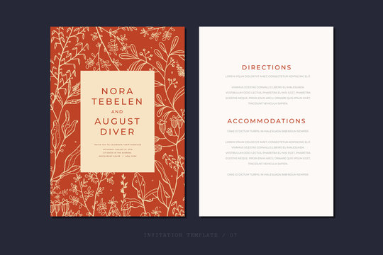 Vintage invitation with hand drawn herbs and flowers for a wedding or a celebration. Vertical rsvp modern map. Elegant card template with place for your text. Vector rustic illustration.