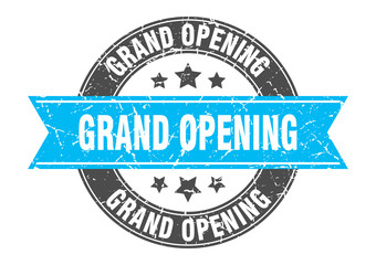 grand opening round stamp with turquoise ribbon. grand opening