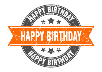happy birthday round stamp with orange ribbon. happy birthday