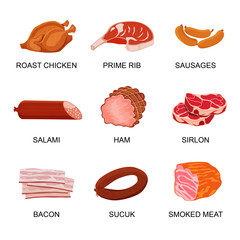 Set of meat products. Roast chicken and prime rib, sausage, salami and ham, sirlon, bacon, sucuk and smoked meat